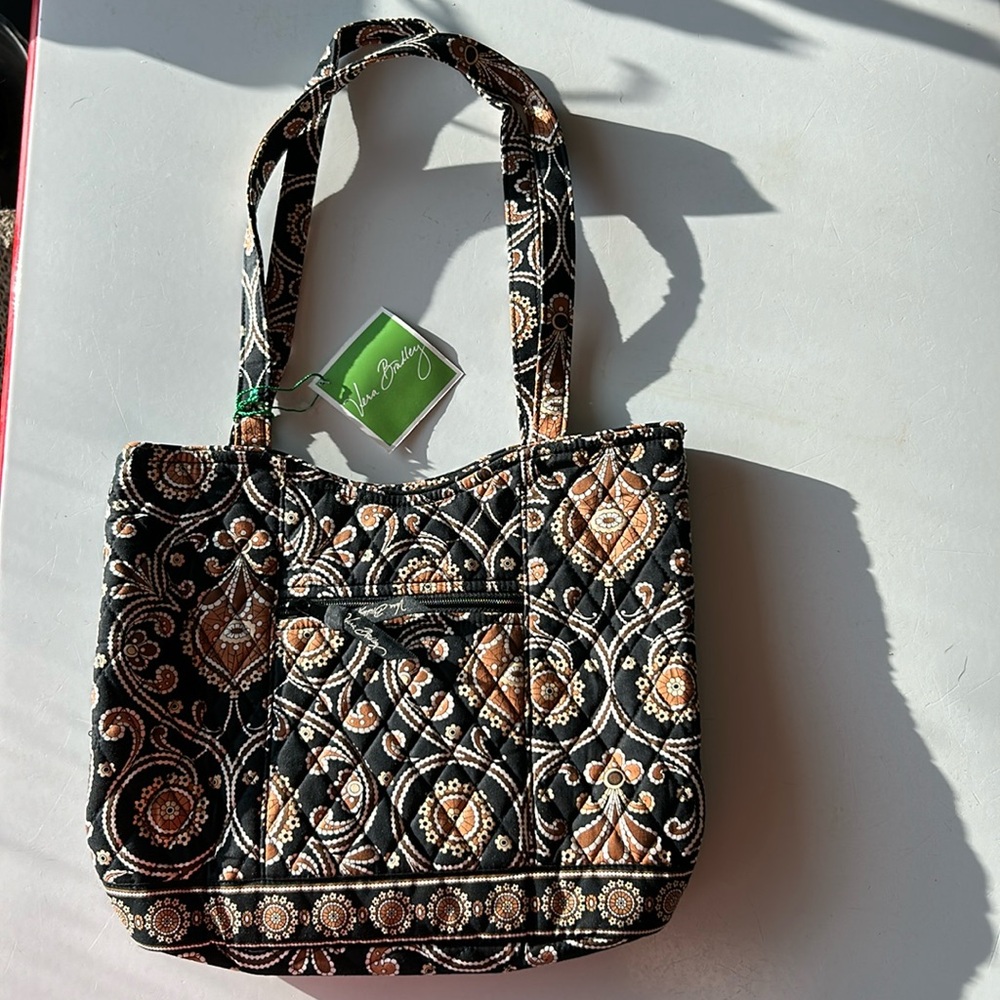 Vera Bradley Caffe Latte Quilted Shoulder Bag Purse, Black Brown Paisley Pattern